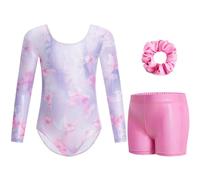 Gogokids Girls Three-Piece Gymnastics Leotards, Long Sleeve Gymnastics Set with Shorts and Hairband, Sparkling Ballet Dancing Unitards - Gymnastics Outfit with Gradient Color Design for 8-9 Years