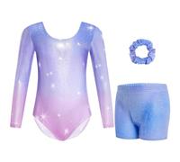Gogokids Girls Three-Piece Gymnastics Leotards, Long Sleeve Gymnastics Set with Shorts and Hairband, Sparkling Ballet Dancing Unitards - Gymnastics Outfit with Gradient Color Design for 3-4 Years