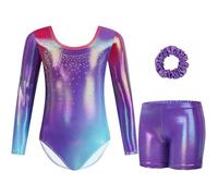 Gogokids Girls' Three-Piece Gymnastics Leotards, Long Sleeve & Shorts Set with Hairband, Sparkling Ballet Dancing Unitards - Gymnastics Outfit with Gradient Color Design for 11-12 Years