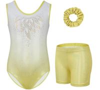 Gogokids Girls' Three-Piece Gymnastics Set, Sleeveless Leotards with Shorts and Hairband, Sparkling Ballet Dancing Unitards - Gymnastics Outfit with Gradient Color Design for 3-12 Years