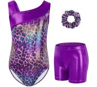 Gogokids Girls' Three-Piece Gymnastics Set, Sleeveless Leotards with Shorts and Hairband, Sparkling Ballet Dancing Unitards - Gymnastics Outfit with Gradient Color Design for 8-9 Years