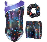 Gogokids Girls' Three-Piece Gymnastics Set, Sleeveless Leotards with Shorts and Hairband, Sparkling Ballet Dancing Unitards - Gymnastics Outfit with Gradient Color Design for 3-12 Years