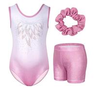 Gogokids Girls' Three-Piece Gymnastics Set, Sleeveless Leotards with Shorts and Hairband, Sparkling Ballet Dancing Unitards - Gymnastics Outfit with Gradient Color Design for 3-4 Years