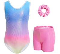 Gogokids Girls' Three-Piece Gymnastics Set, Sleeveless Leotards with Shorts and Hairband, Sparkling Ballet Dancing Unitards - Gymnastics Outfit with Gradient Color Design for 5-6 Years