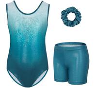 Gogokids Girls' Three-Piece Gymnastics Set, Sleeveless Leotards with Shorts and Hairband, Sparkling Ballet Dancing Unitards - Gymnastics Outfit with Gradient Color Design for 3-12 Years