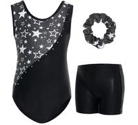 Gogokids Girls Three-Piece Gymnastics Set with Shorts, Kids Gymnastics Sleeveless Leotard with Gem Stones, Girls' Sparkling Gymnastics Outfit with Color Block Design Athletic Dancewear for Ages 8-9