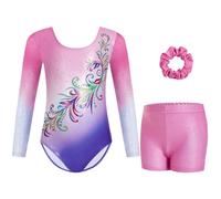 Gogokids Girls' Three-Piece Longsleeve Gymnastics Leotard Set - Kids Gymnastics Outfits with Gradient Sequin Design Includes Leotard, Shorts and Hair Tie, Sparkling Ballet Unitards for Ages 3-12
