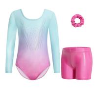 Gogokids Girls' Three-Piece Longsleeve Gymnastics Leotard Set - Kids Gymnastics Outfits with Gradient Sequin Design Includes Leotard, Shorts and Hair Tie, Sparkling Ballet Unitards for Ages 3-12