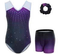 Gogokids Girls' V-Neck Gymnastics Outfit 3 Piece Set, Kids Sequin Gymnastic Leotards with Mesh Spliced Neckline, Children Gym Leotard Set with Shorts & Hair Tie for Ballet, Yoga, Performance, Age 3-12
