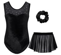 Gogokids Girls' Velvet Sleeveless Leotard - Kids Gymnastics Outfits with Rhinestone, Girl Gymnastics Three-Piece Set with Leotard, Chiffon Skirt & Hair Tie, Ages 8-9, Fit for Gymnastics and Ballet
