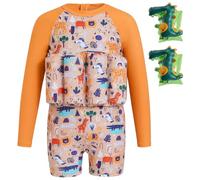 Gogokids Kids Float Swimsuit with Inflatable Armbands & 8 Removable Buoyancy Pads, UV 50+ Sun Protection float swim vest for Toddler 1-6 Years(10-20kg), Back Zip Long Sleeve Swimwear for Pool & Beach