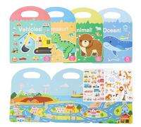 GOGOLAN 4 Pack Reusable Sticker Books,3D Puffy Sticker Scenes Book for Kids Boys Girls Toddlers,Animal Vehicles Dinosaur Ocean Travel Sticker Toy Busy Book Birthday Gifts Plane Activities for Kids