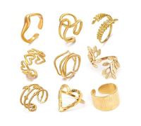 GOGZBD 9 Pcs 14K Gold Plated Open Stackable Rings for Women Stainless Steel Heart Leaf Star Statement Ring Set Trendy Knuckle Rings