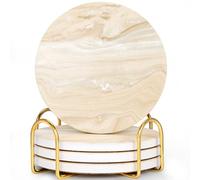 GOH DODD Coasters for Drinks Set of 4, Absorbent Marble Style Ceramic Coaster Cup Coasters Tabletop Protection Home Decor with Metal Holder for Housewarming Gifts Wedding Party, Gold, Round, 4 Inch