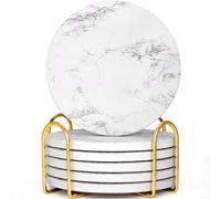 GOH DODD Coasters for Drinks Set of 6, Absorbent Marble Style Ceramic Coaster Set Tabletop Protection Home Decor with Metal Holder for Coffee Table Housewarming Gifts Wedding Party, White, 4 Inch