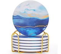 GOH DODD Coasters for Drinks Set of 6, Absorbent Marble Style Ceramic Coaster Tabletop Protection Home Decor with Metal Holder for Coffee Table Housewarming Gifts Wedding Party, Blue, Round, 4 Inch