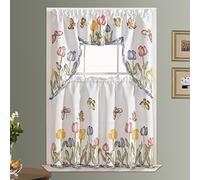 GOHD 3pcs Farmhouse Kitchen Cafe Curtain Set Air Brushed by Hand of Flowers and Butterfly Design on Thick Satin Fabric (Tulip Vigor)
