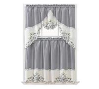 GOHD Arch Floral Kitchen Curtain Set/Swag Valance & Tier Set. Nice Matching Color Floral Embroidery on Border with cutworks (Silver Grey)