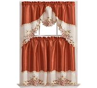 GOHD Arch Floral Kitchen Curtain Set/Swag Valance & Tier Set. Nice Matching Color Floral Embroidery on Border with cutworks (Rust)