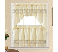 GOHD Daisy Dream. Kitchen Cafe Curtain Set for Small Windows. Satin Fabric with Matching Color Daisy Embroidery and Lace. (Beige, Swag and 24 inches Tiers Set)