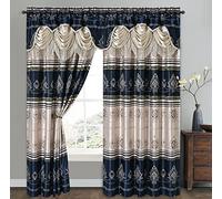 GOHD Harmony Horizon. Jacquard Farmhouse Window Curtain Panel Drape with Attached Fancy Valance. 2pcs Set. Each pc 54" Wide x 90" Drop with 18" Valance. (Navy Blue)