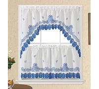 GOHD Lace Rosarium Kitchen Curtains, 3PCS Farmhouse Kitchen Curtains and Valances Set, Elegant White Fabric with Rose Embroidery and Lace. (Blue, Swag and 22 inches Tiers Set)
