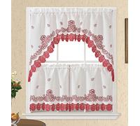 GOHD Lace Rosarium Kitchen Curtains, 3PCS Kitchen Curtains and Valances Set, Elegant White Fabric with Rose Embroidery and Lace. (Red, Swag and 22 inches Tiers Set)