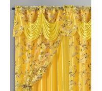 GOHD Roman Romance. Burnt-Out Printed Organza Window Curtain Treatment. Choice of 2pcs Curtain with Backing Set, 2pcs Organza Curtain, 1pc Valance (Yellow, 55 x 84 inches + Attached Valance x 2pcs)