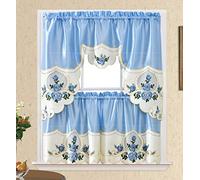 GOHD Rose Melody. 3pcs Kitchen Cafe Curtain Set. Swag and 24 inches Tiers Set for Small Windows. Nice Matching Color Rose Embroidery on Border and Inserted Organza. (Light Blue)