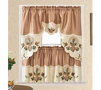 GOHD Rose Melody. 3pcs Kitchen Cafe Curtain Set. Swag and 24 inches Tiers Set for Small Windows. Nice Matching Color Rose Embroidery on Border and Inserted Organza. (Bronze)