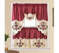 GOHD Rose Melody 3pcs Kitchen Cafe Curtain Set.Swag and 24" Tiers,Burgundy