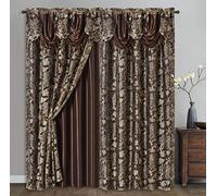 GOHD Royal ROSARIUM. Clipped Voile/Voile Jacquard Window Curtain Panel Drape with Attached Fancy Valance & Taffeta Backing. 2pcs Set. Each pc 54" Wide x 84" Drop + 18" Valance. (Brown)
