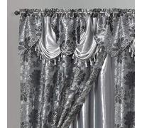 GOHD Royal ROSARIUM. Clipped Voile. Voile Jacquard Window Curtain with Attached Fancy Valance and Taffeta Backing. 2pcs Set. Each pc 54 inch Wide x 84 inch Drop + 18 inch Valance. (Grey)