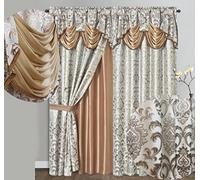 GOHD Samba Star. Jacquard Window Curtain Panel Drape with Attached Fancy Valance and taffeta backing. 2pcs Set. Each pc 54" Wide x 90" Drop with 18" Valance. (SAND)