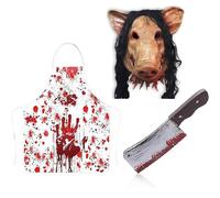 GOHIFUN Bloody Pig Butcher 3PCS Set,Bloody Pig with Wig Mask, Apron and Knife,Halloween Creepy Latex Animal Full Head Masquerade