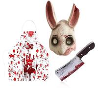 GOHIFUN Bloody Rabbit Butcher 3PCS Set,Bloody Bunny Mask, Apron and Knife,Halloween Creepy Latex Animal Full Head Masquerade (B)