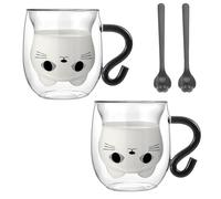 Gohytal 2 PCS Double Wall Glass Coffee Tea Cups, Cat Mugs, Glass Coffee Mug with Spoon, Gifts for Birthday Christmas Valentines Mothers Day, Women Wife Mum Her Grandma Girl Teacher Friend Present