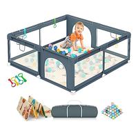 GOI Baby Playpen with Mat 180 x 150 cm, Play Pen Babies and Toddlers with 50 Ball Pit, 4X Handles, Zippered Door, Basket Net, and Breathable Mesh - Extra Large Baby Playpen with Storage Bag