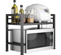 GOI Microwave Shelf Stand, Expandable Microwave Oven Rack Storage Solution Organiser Stand Utensil Holder Adjustable Width & Height Kitchen Stand Counter Shelf with 3 Hooks (Black 1-Tier)