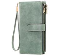 GOIACII Ladies Large Purse Soft Leather Women's Wallet, 2 Zipper Coin Phone Pockets, Detachable Wrist Strap, 5 ID Windows, RFID Blocking Travel Credit Card Holder, Green
