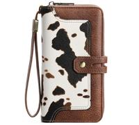 GOIACII Wallet for Women Ladies Wallets Billfold RFID Blocking Card Holder Long Double Zippers Clutch Purse Green, Large Wallet-Cow Print Brown, 7.48" x 4.33" x 1.18", Classic