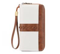 GOIACII Wallet for Women Ladies Wristlet Long Purse Zip Around Clutch RFID Blocking Vegan Leather, A04 White & Brown, 7.87 x 4.13 x 0.98 inches, Compact