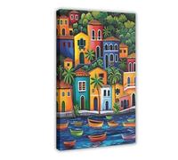 GOIAEGAG Mexican Fishing Village Art Print_ Vibrant Coastal Folk Art Canvas Poster Wall Art Decor Print Picture Paintings for Living Room Bedroom Decoration 20x30inch(50x75cm)