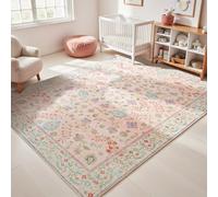 Goideal Pale Pink Nursery Rug, 4x6 Floral Washable Area Rug Non Slip, Boho Low Pile Carpet with Rubber Backing for Bedroom Living Room Bathroom Playroom Entryway Office