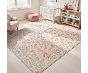 Goideal Pale Pink Rug for Girls Room, 4x6 Floral Washable Area Rug Non Slip, Boho Low Pile Carpet with Rubber Backing for Bedroom Living Room Bathroom Playroom Nursery Office