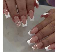 Goiern White French Tip Press On Nails, Coffin Nails, Medium, Artificial with Heart Design, for Sticking Nails, Shiny Full Cover, 24 Pieces