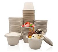 Goiio 100 Pcs 4 Oz Bagasse Fiber Condiment Cups with Lids, Compostable Portion Cups, Disposable Souffle, for Snack Dressing Food Storage