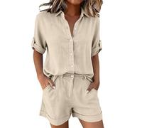 Going Home Outfit for Mum After Birth Womens Cotton Linen 2 Piece Outfits Shorts Coord Sets ummer Short Sleeve Button Down Shirts Wide Leg Shorts Travel Outfit Airport Set Lounge Wear Tracksuits