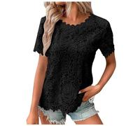 Going Out Lace Tops for Women Short Sleeve 2025 Loose Fit T Shirts Cute Lace Trim Tshirt Casual Summer Crochet Trendy Tee Shirts Spring Eyelet Tees Shirts Crew Neck Cutout Blouses Black