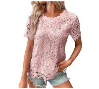 Going Out Lace Tops for Women Short Sleeve 2025 Loose Fit T Shirts Cute Lace Trim Tshirt Casual Summer Crochet Trendy Tee Shirts Spring Eyelet Tees Shirts Crew Neck Cutout Blouses Pink